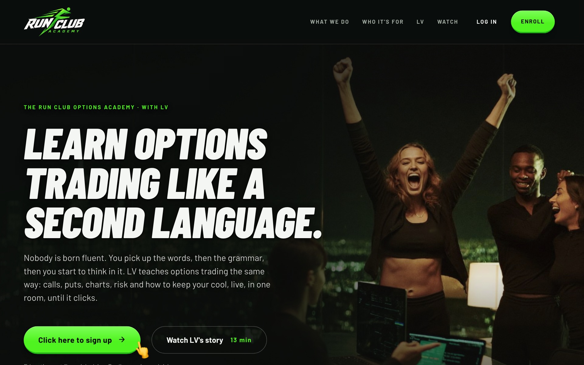 The Run Club Academy website, where LV teaches options trading